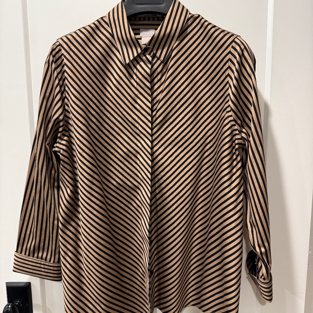 Chico's no-iron black and gold striped shirt with button fold over cuff size 2